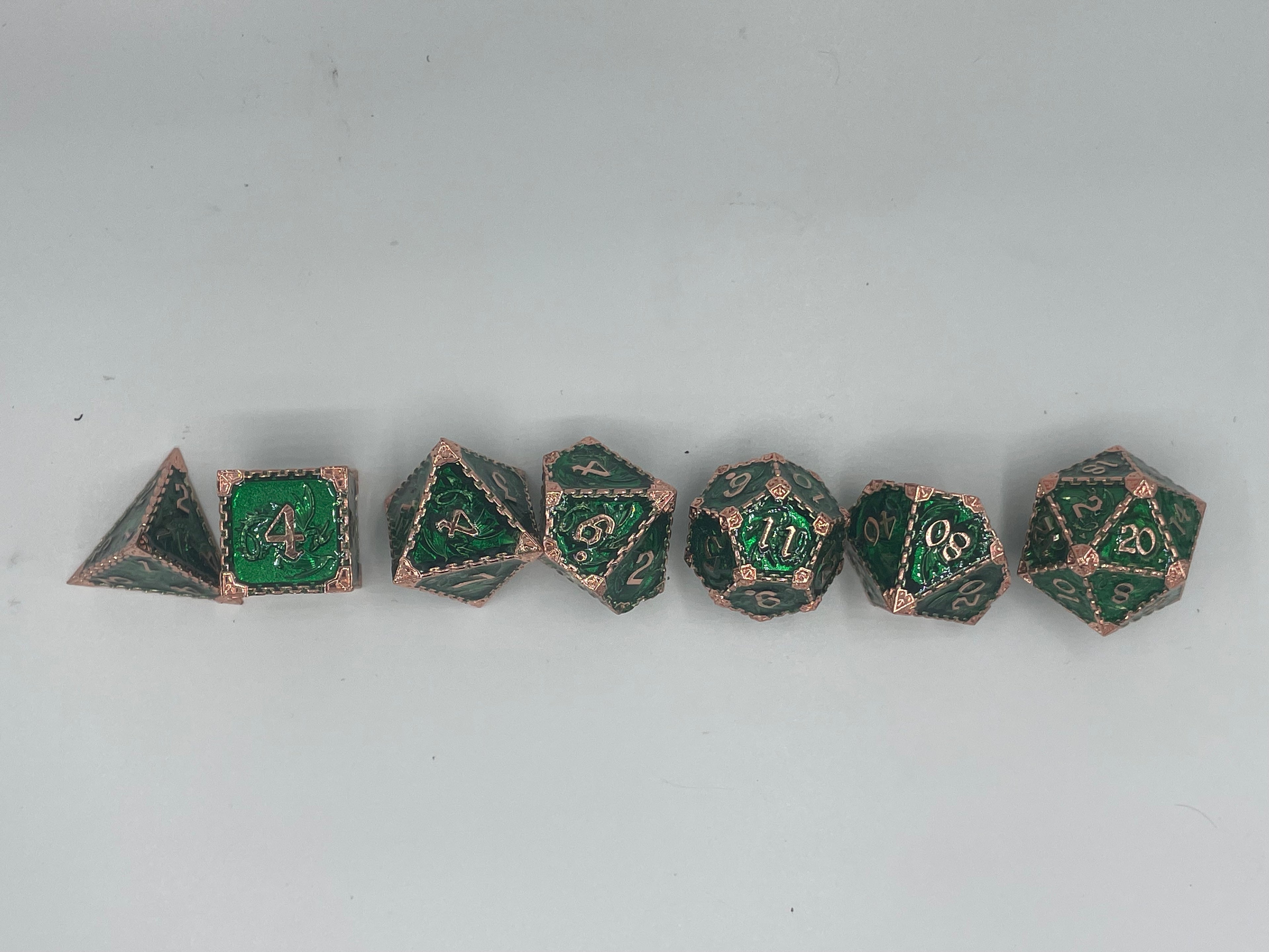 Metal Dragon Dice set Green and Rose Gold