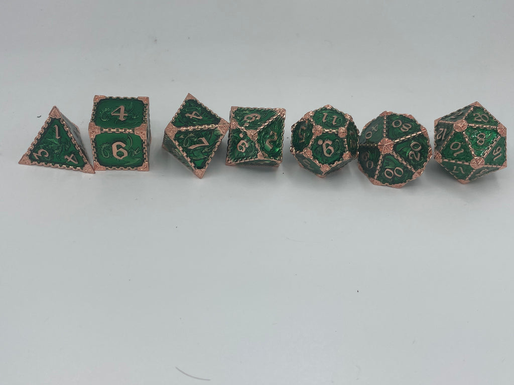 Metal Dragon Dice set Green and Rose Gold