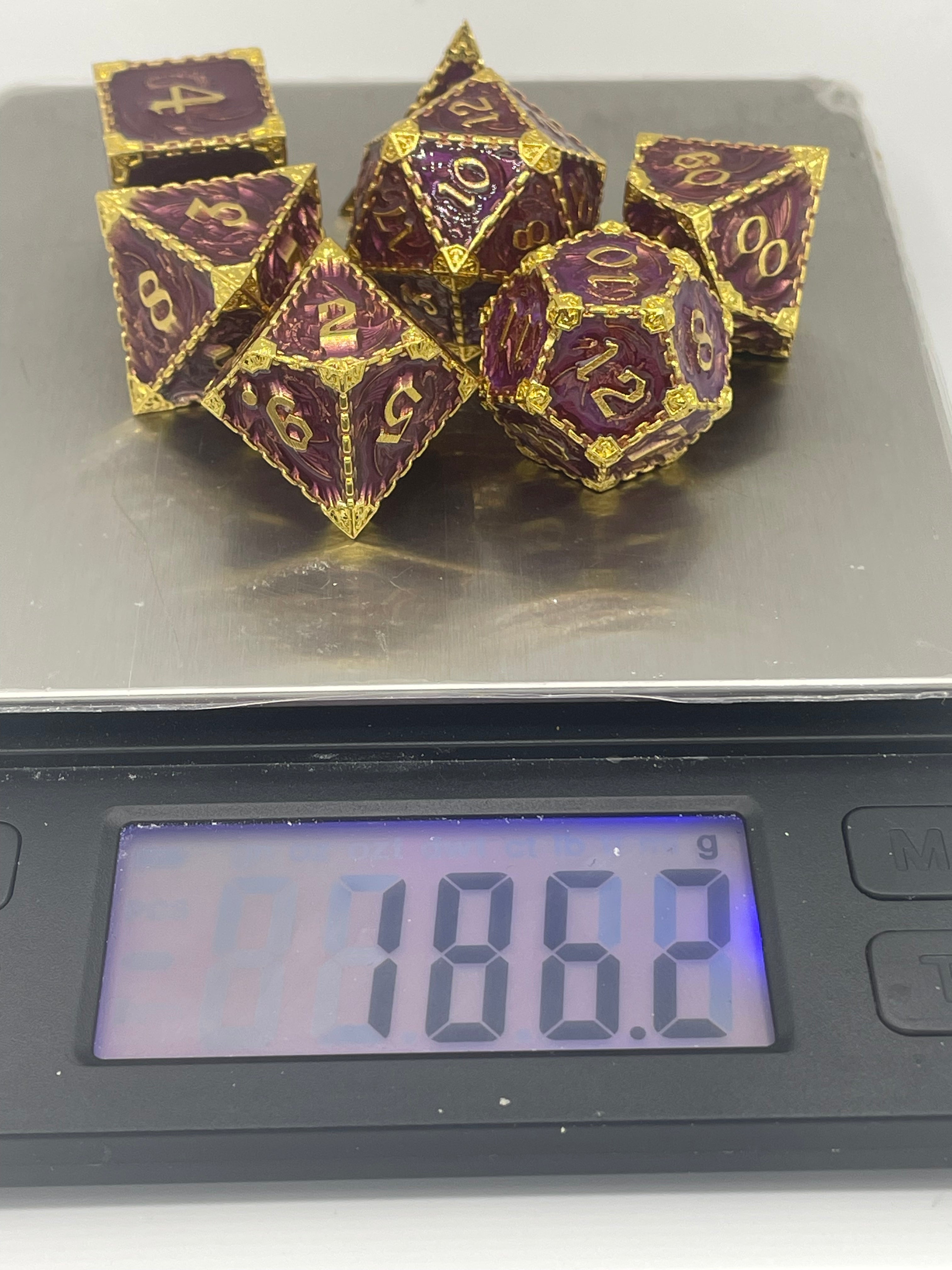 Solid Metal Dragon Dice set Purple and Gold