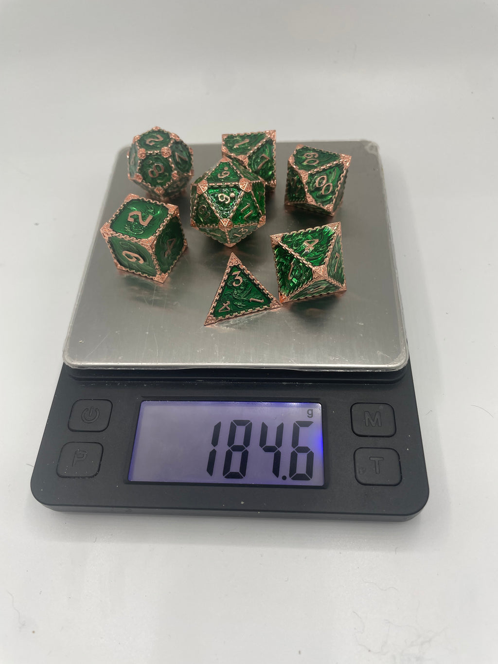 Metal Dragon Dice set Green and Rose Gold