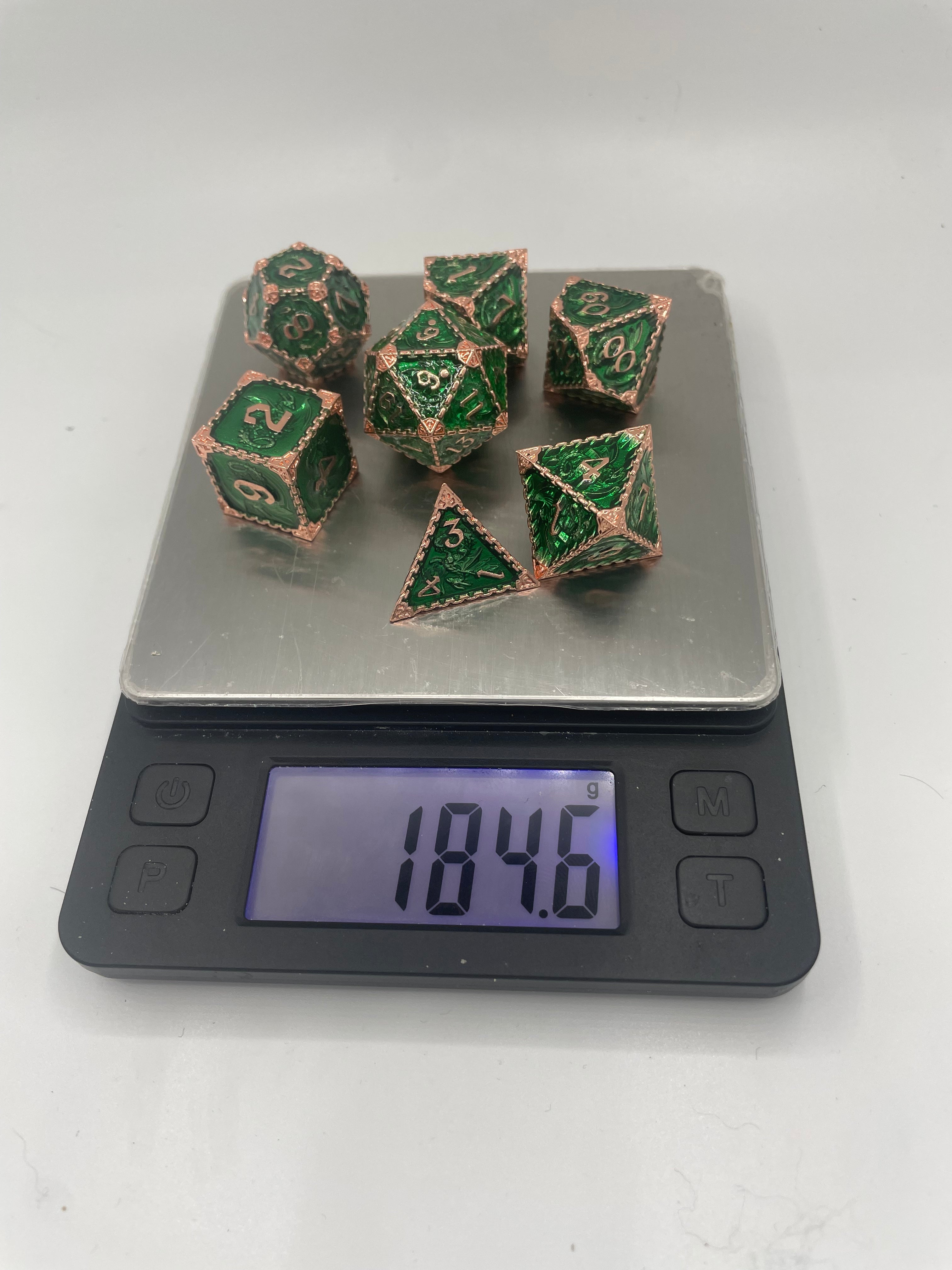 Metal Dragon Dice set Green and Rose Gold