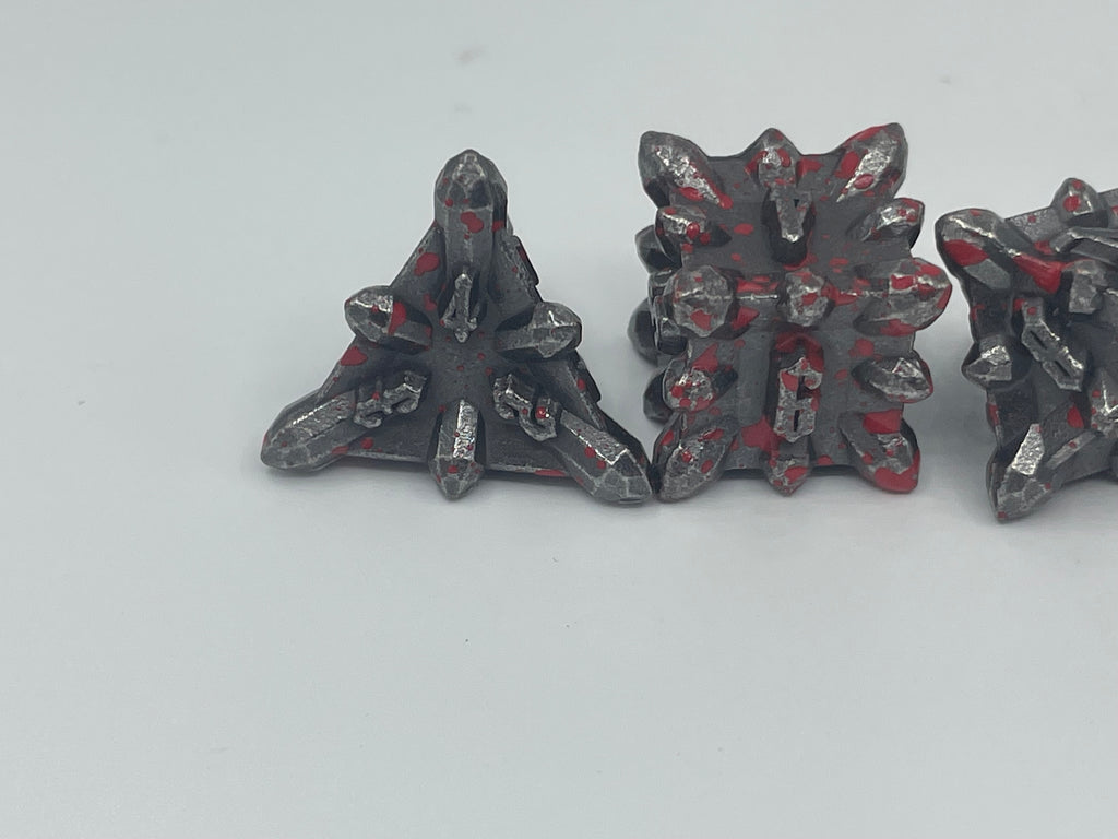 Metal Bullet dice set silver with red blood splatter look
