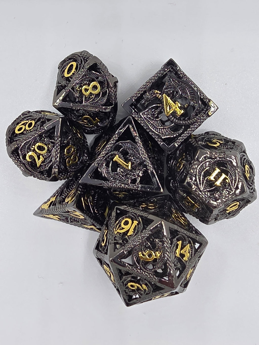 Intricate Dragon Filigree Hollow metal dice set
