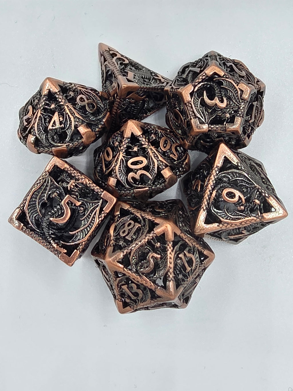 Intricate Dragon Filigree Hollow metal dice set