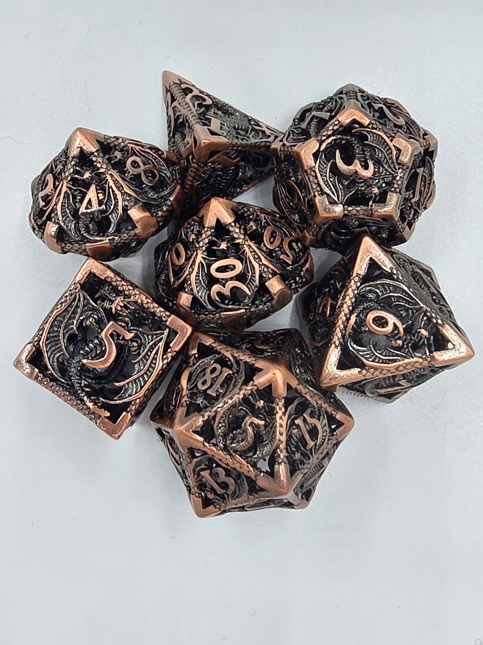 Intricate Dragon Filigree Hollow metal dice set