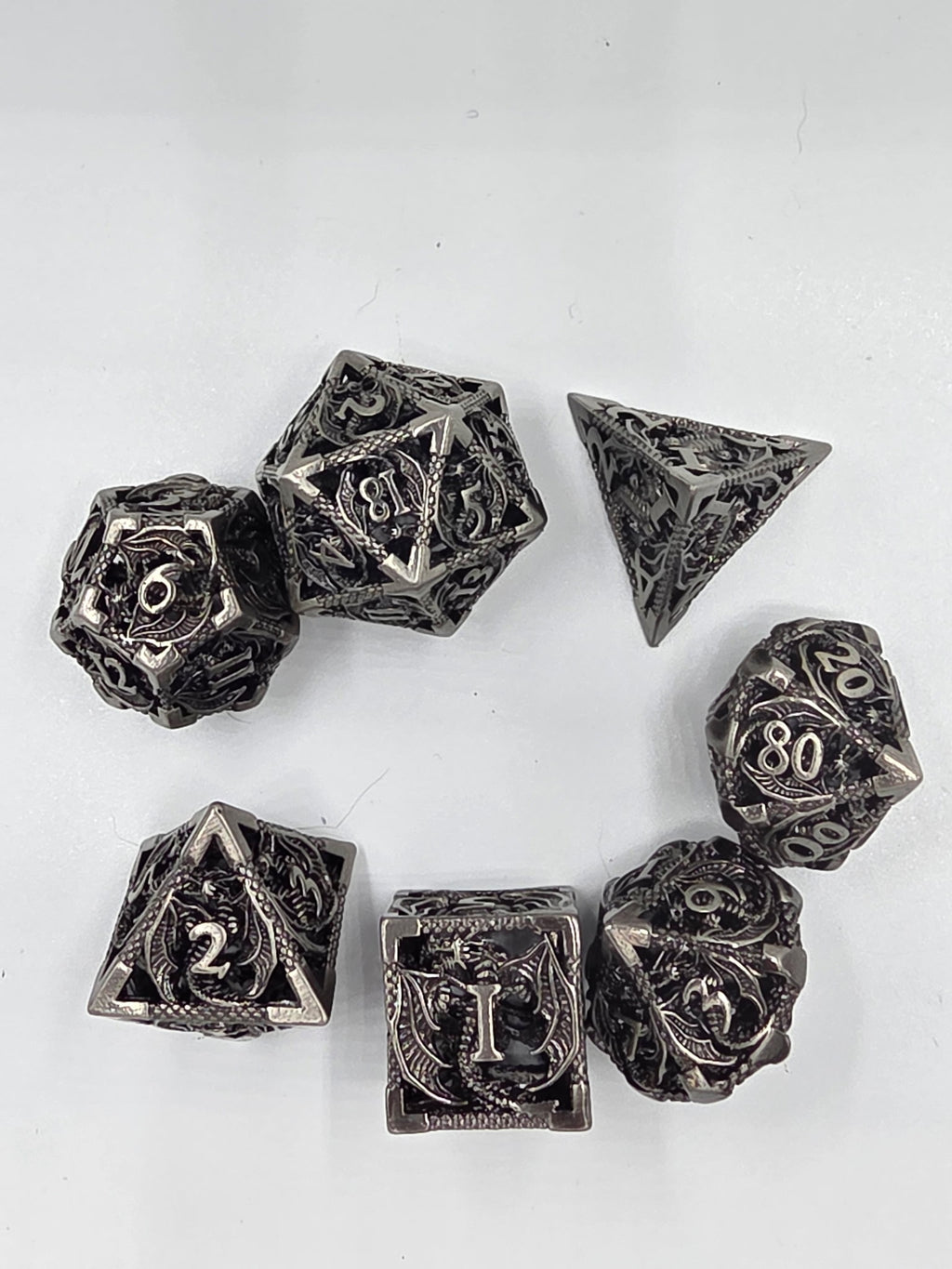 Intricate Dragon Filigree hollow metal dice set