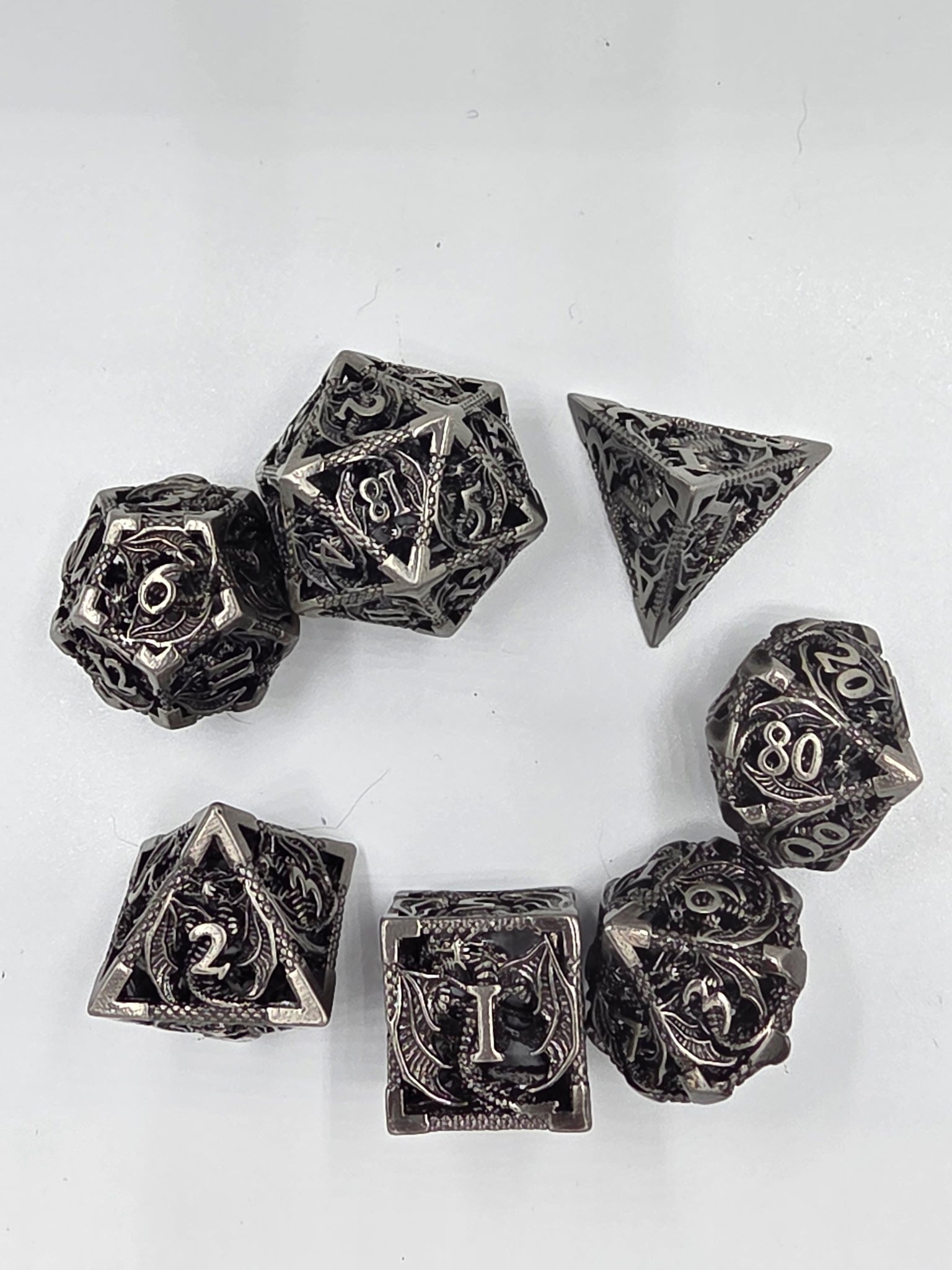 Intricate Dragon Filigree hollow metal dice set